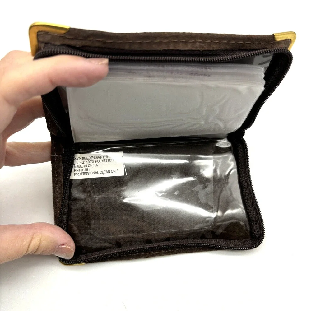 New Vintage English Leather Brown Suede Zip Around Bifold Photo Wallet 5x3.25